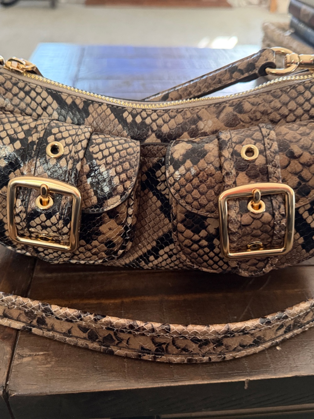 Coach Snake-Print Brown Mini Shoulder Bag with Gold Hardware